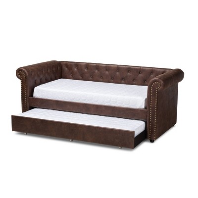Mabelle Twin Brown Faux Leather Daybed with Trundle and Nailhead Trim