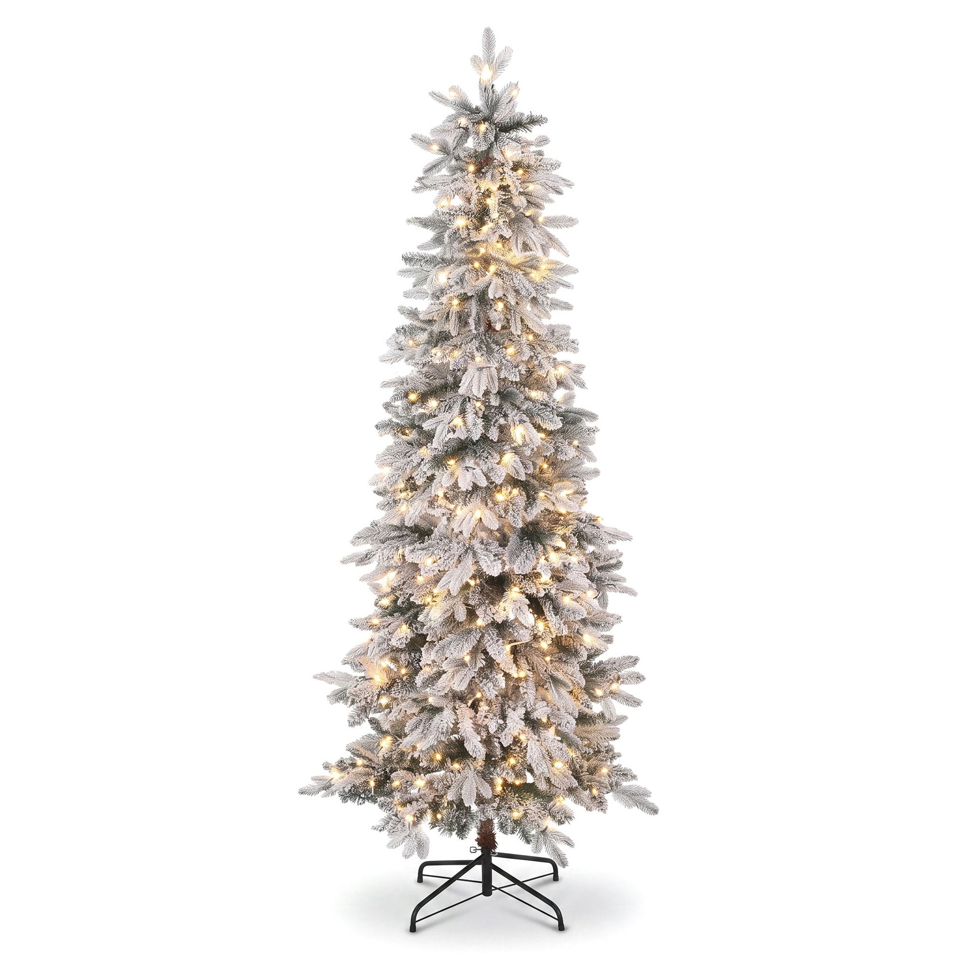 Flocked Pencil Christmas Tree 7ft with 300 Warm White LED Lights and 8 Lighting Modes, Slim Pre-Lit PVC Artificial Tree for Living Room Decor