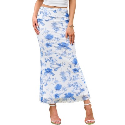 INSPIRE CHIC Women's Summer Elegant High Waist Floral Mesh Boho Fishtail Bodycon Maxi Skirts