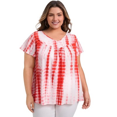 Women's Plus Size Tie Dye Pleated V Neck Ruffle Sleeve Casual Holiday Blouses - GRACE & GRANDEUR