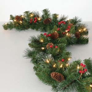 Sullivans Artificial 9' LED Mixed Pine Christmas Garland with Pinecones & Berries, Green, Indoor Christmas Decor - 1 of 4