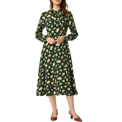 Allegra K Women's Floral Print Bow Tie Neck Long Sleeve Belted Casual Flowy Midi Dress