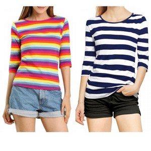 Allegra K Women's Elbow Sleeves Round Neck Slim Fit T-Shirt 2 Packs - 1 of 4
