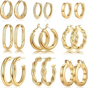 9 Pairs 14K Gold Plated Hoop Earrings - 925 Sterling Silver Posts Hypoallergenic Chunky Hoop Set - 1 of 4