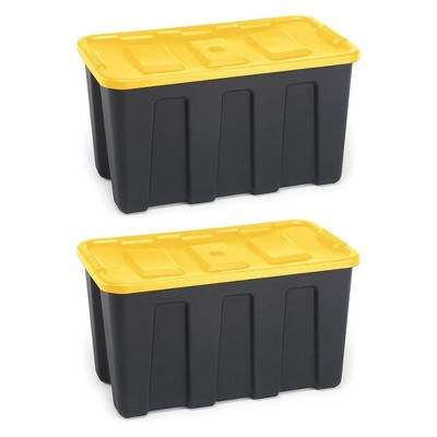  Homz 22-Gallon Durabilt Plastic Stackable Home Office Garage  Storage Organization Container Bin w/Latching Lid and Handles, Black/Yellow  (4 Pack)