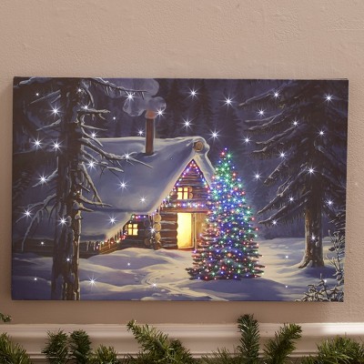 Lakeside Lighted Holiday Canvas Wall Art - Christmas Décor with Fiber-Optic Light - Cabin