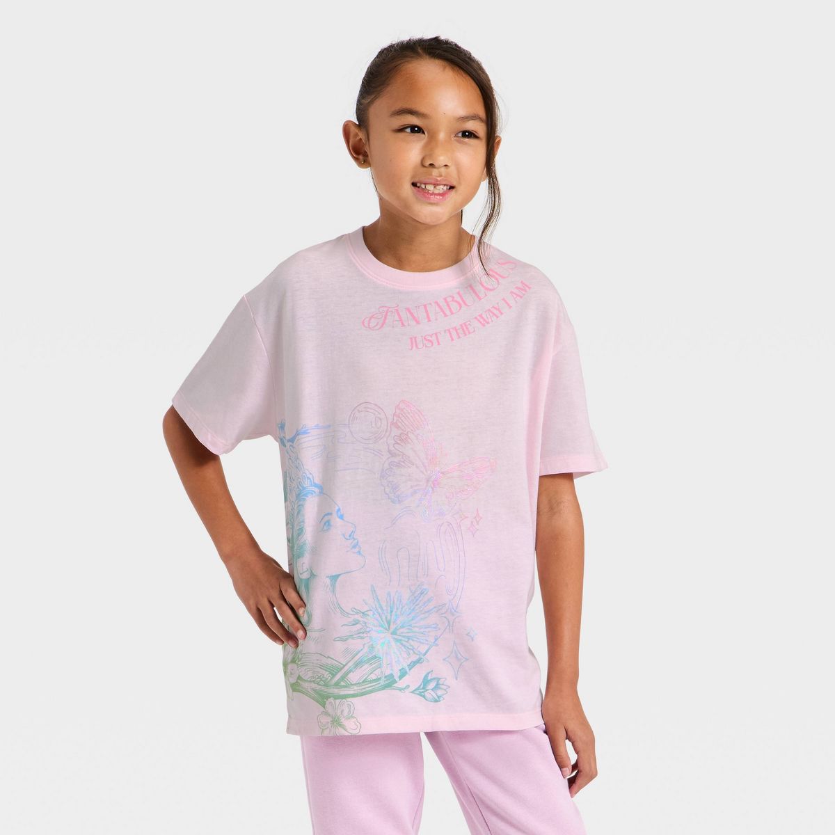 Girls' Wicked Short Sleeve Oversized Front and Back Graphic T-Shirt - Light Pink