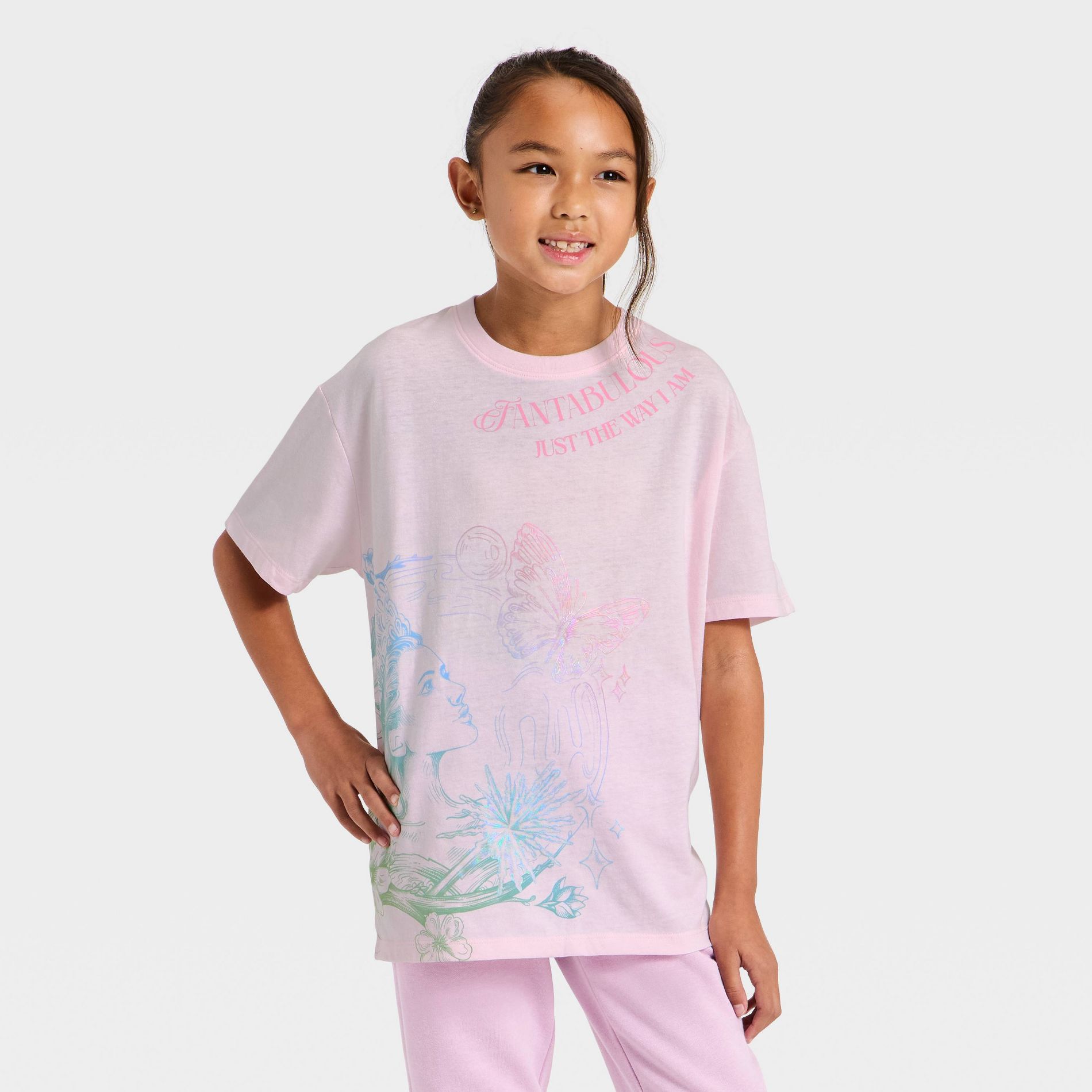 Girls' Wicked Short Sleeve Oversized Front and Back Graphic T-Shirt - Light Pink