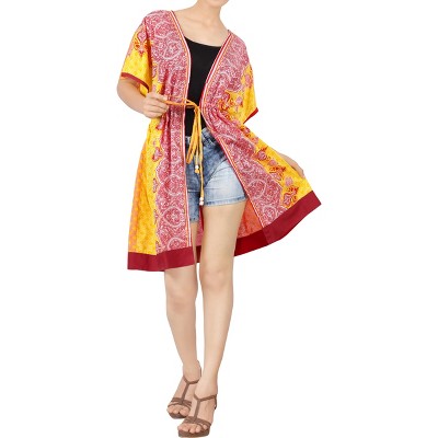 LA LEELA Women's Summer Front Open Vacation Beachwear Mini Bathing Suit Soft Beach Holiday Swimwear Coverups Duster Cardigan 2X-3X Yellow, Abstract