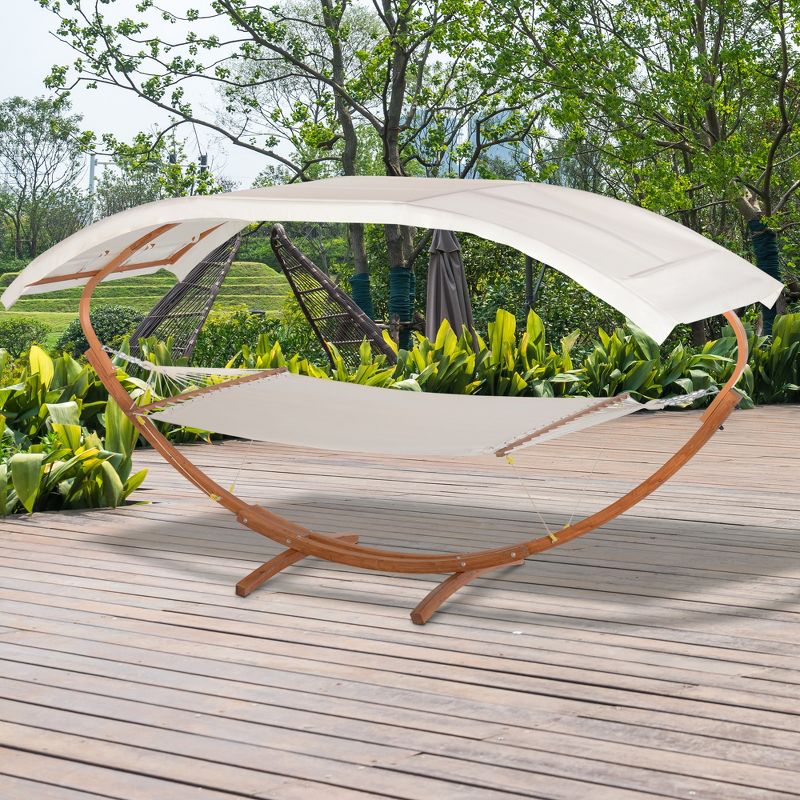 Outsunny Outdoor Hammock with Stand & Accessories, Heavy Duty Wooden Frame, Extra Large Sun Shade Canopy, Indoor Outside Boho Style, Cotton, White, 2 of 7