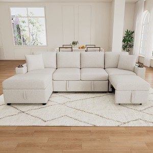 Chenille Upholstered U-Shaped Sectional Sofa, Convertible Pull-Out Sofa Bed with USB Ports & Cup Holders for Living Room - ModernLuxe - 1 of 4