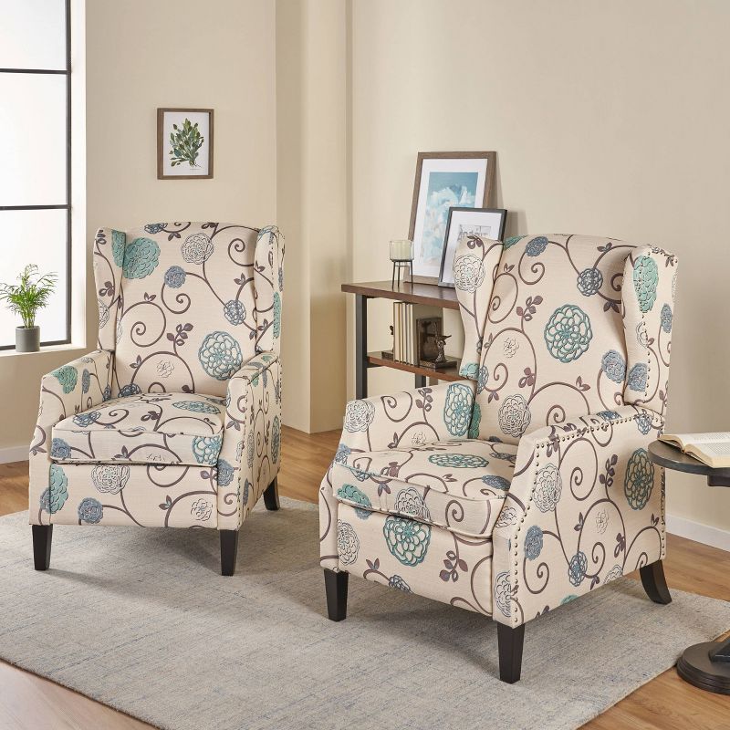 Set of 2 Wescott Contemporary Fabric Recliners Light Beige with Blue Floral/Dark Brown - Christopher Knight Home, 3 of 14