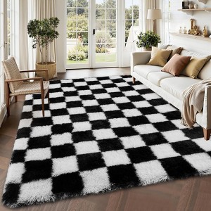 Fluffy Runner Rug Ultra-Soft Shaggy Carpet Runner with Non-Slip Backing, Modern Checkerboard Hallway Rug - 1 of 4