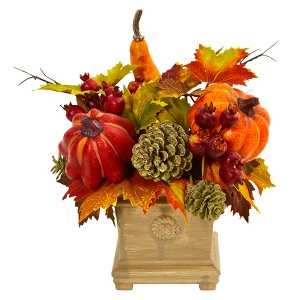 Nearly Natural Pumpkin, Gourd, Berry and Maple Leaf Artificial Arrangement - 1 of 2