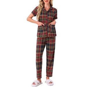 INSPIRE CHIC Women's Long-sleeved Button Down Top and Pants and Pockets Plaid Pajama 2 Pcs Sets - 1 of 4