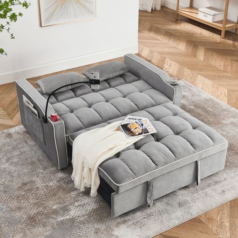 55.51" Pull Out Sleeper Sofa with Adjustable Back, 2-Seat Convertible Sofa Bed with USB Ports, Ashtray and Swivel Phone Stand 4M - ModernLuxe, 5 of 10