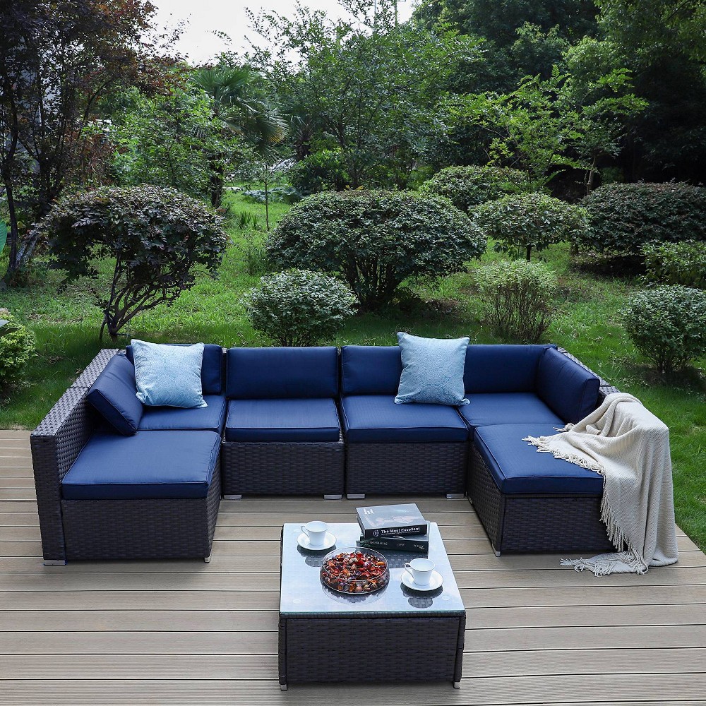 7pc Patio Low-Back Rattan Conversation Set with Accent Table – Navy – Captiva Designs For Sale