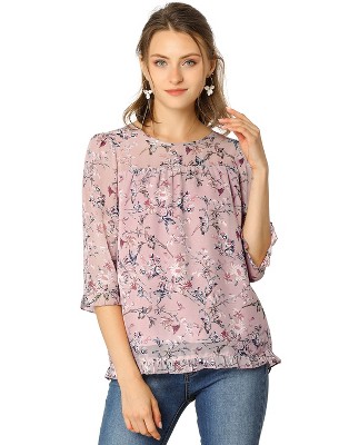 INSPIRE CHIC Women's Round Neck Ruffle 3/4 Sleeve Floral Print Chiffon Blouse