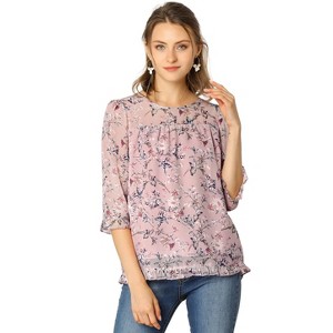 INSPIRE CHIC Women's Round Neck Ruffle 3/4 Sleeve Floral Print Chiffon Blouse - 1 of 4