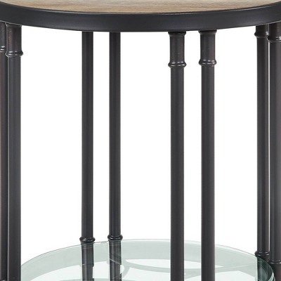 Modern Farmhouse Round Oak & Sandy Black End Table with Glass Shelf