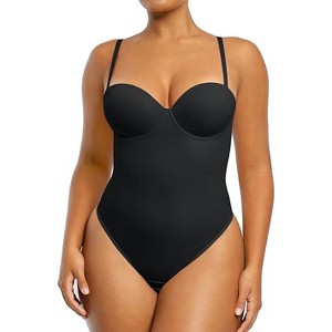 SHAPELLX Tummy Control Shapewear Bodysuit for Women Body Shaper Removable Straps Low Back Shapewear with Built-in Bra—Black 38 - 1 of 3