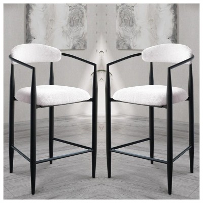 Set of 2 Modern Boucle Upholstered Height Bar Stools,Metal Frame Barstool with Arms and Footrest,Bar Stool for Kitchen Dining Room-Coolbibila