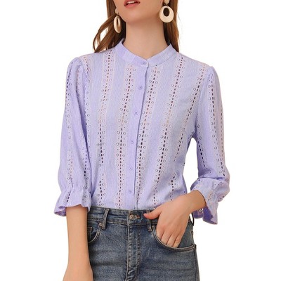 INSPIRE CHIC Women's Ruffle 3/4 Sleeve Solid Button Front Eyelet Embroidery Blouse Shirts