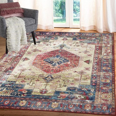 Washable Rug Traditional Boho Print Distressed Area Rug for Living Room Bedroom, 5' x 7' Red