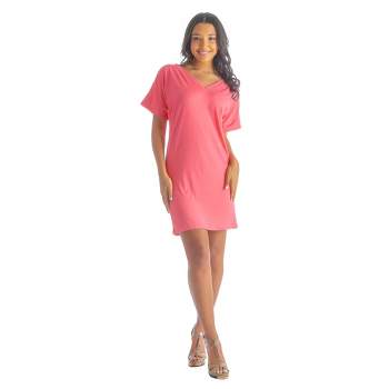 24seven Comfort Apparel Solid Color Loose Fit V Neck T Shirt Style Womens Knee Length Dress