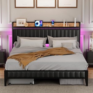 Bed Frame with LED Light and Charging Station, Upholstered Platform Bed with Storage Headboard, Metal Slat, Noise Free, Easy Assembly, Black - 1 of 4