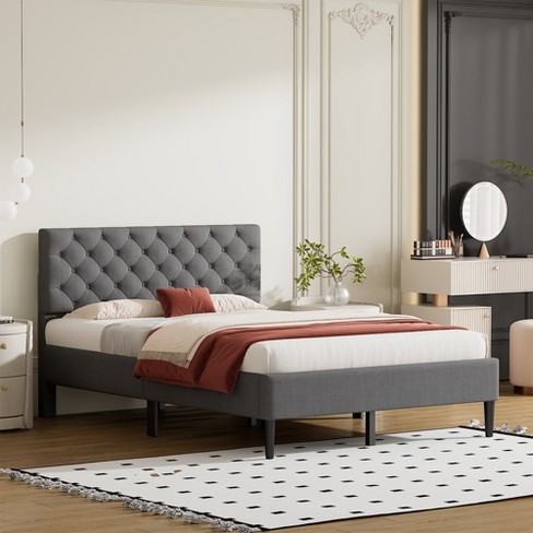 Full Size Wood Upholstered Linen Platform Bed With Tufted Headboard ...