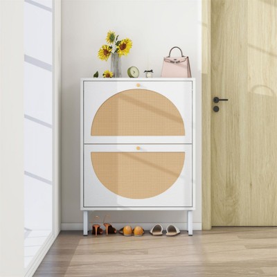 RISOKEYS Rattan Shoe Cabinet with 2 Flip Drawers, Narrow Hidden Shoe Rack with Metal Legs, Cane Storage Cabinet for Entryway,Shoe Organizer,White