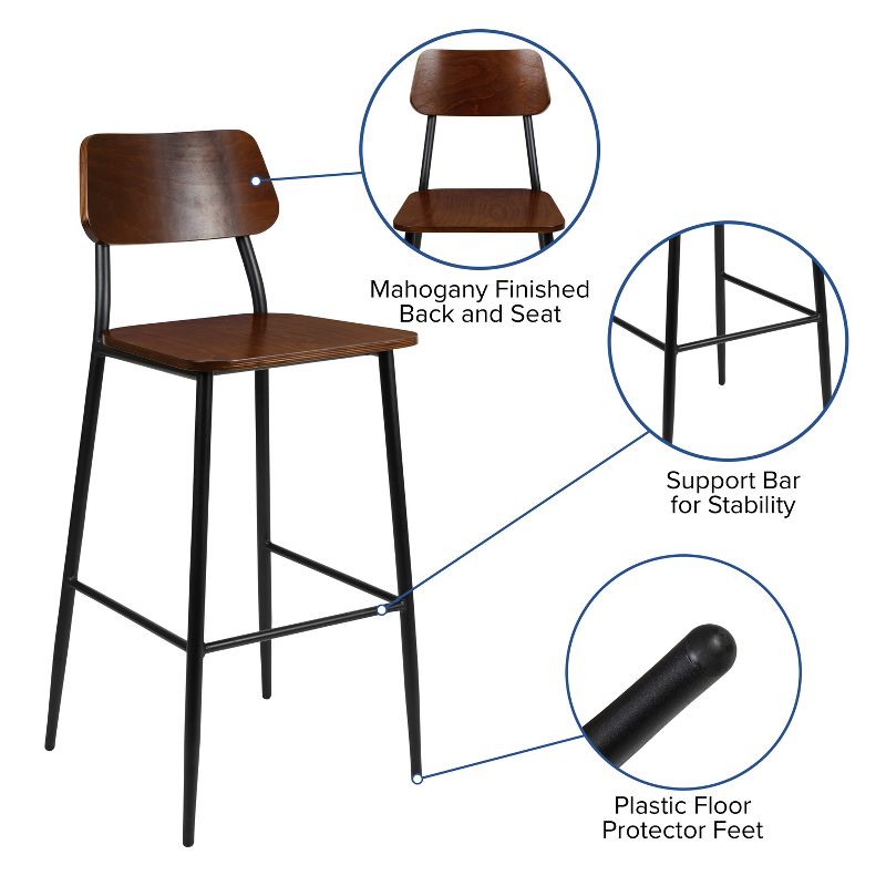 Emma and Oliver Industrial Barstool with Gunmetal Steel Frame and Rustic Wood Seat, 5 of 14