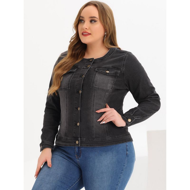 Agnes Orinda Women's Plus Size Long Sleeves Collarless Buttons Denim Jean Jackets, 4 of 7