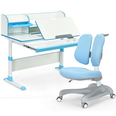 Costway Adjustable Kids Study Desk Drafting Table Chair Set w/ Bookshelf