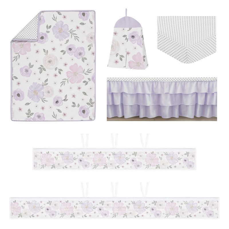 Sweet Jojo Designs Crib Bedding + BreathableBaby Breathable Mesh Liner Girl Watercolor Floral Purple Pink and Grey - 6pcs, 3 of 8