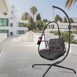 Okak Egg Swing Chair with Cup Holder,Outdoor Hanging Basket Chair with Foldable Stand and Cushion,Porch Swing for Patio,Garden,Backyar - 1 of 4