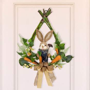 Northlight Farmer Bunny Moss Vines Teardrop Easter Wreath - 22" - Green and Orange - Unlit