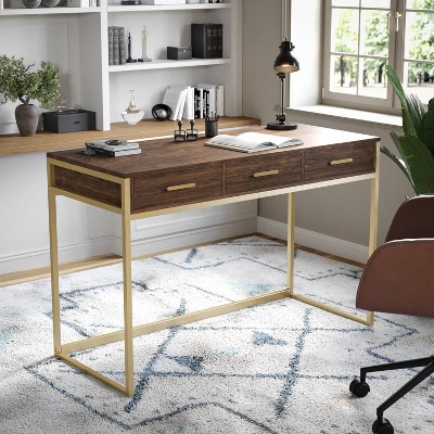 Walnut and Brass Modern Home Office Desk with Drawers