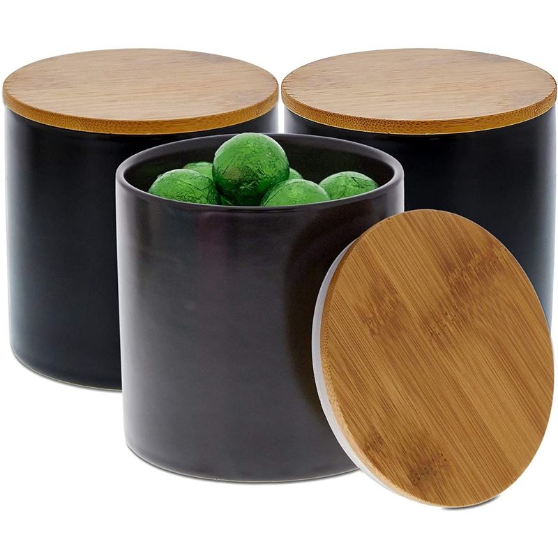 Juvale 3 Pack Ceramic Kitchen Canisters with Bamboo Lids for Countertop, Pantry Organization & Storage, Black, 4 x 4.13 in, 1 of 10