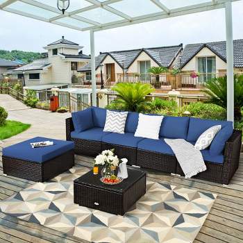 Costway 6PCS Outdoor Patio Rattan Furniture Set Cushioned Sectional Sofa Navy\Black\Turquoise