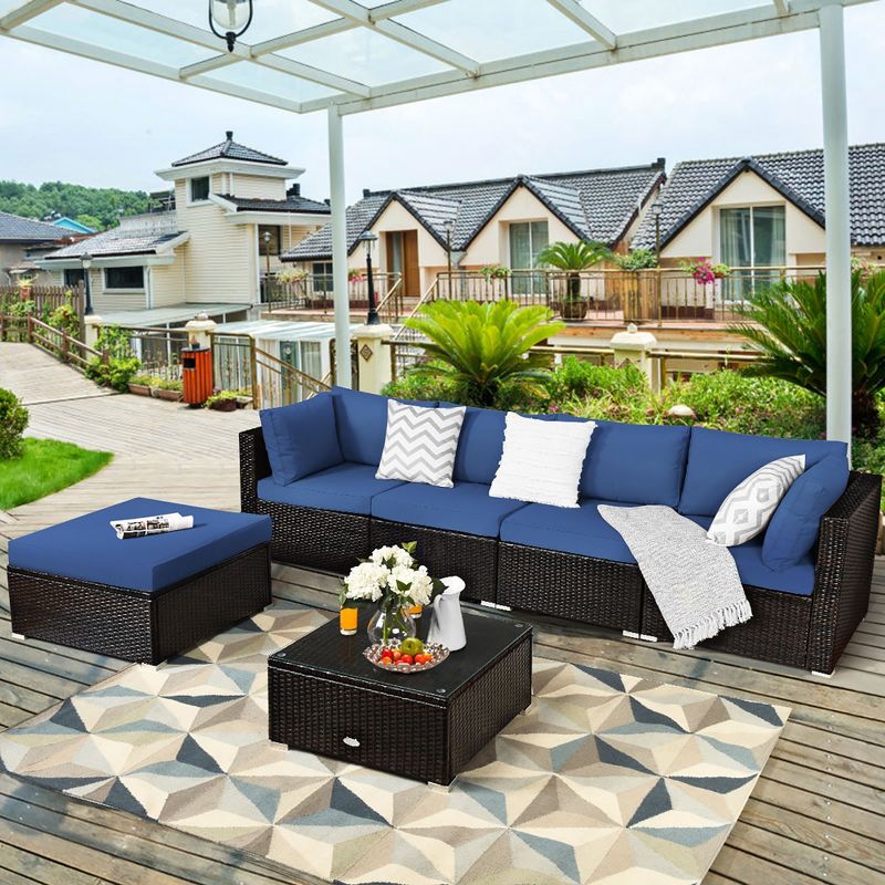 Costway 6PCS Outdoor Patio Rattan Furniture Set Cushioned Sectional Sofa Navy\Black\Turquoise, 1 of 11