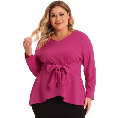 Agnes Orinda Women's Plus Size Workwear Fashion Belted Knot Tie Knit  Blouses Hot Pink 2x : Target