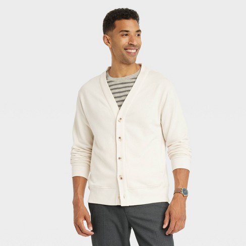 Men's V-Neck French Terry Cardigan - Goodfellow & Co™ Ivory L