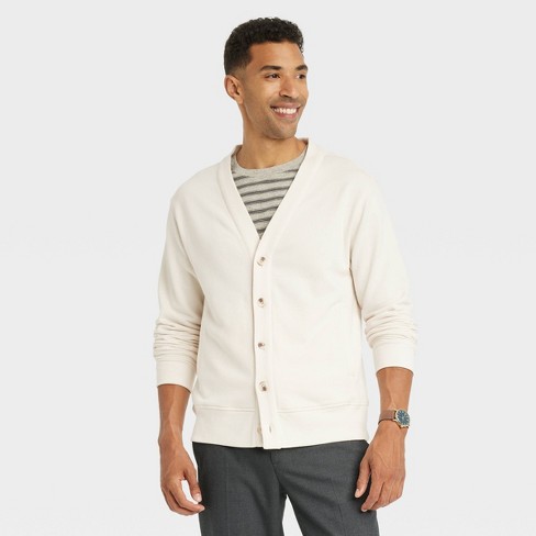 Men's V-Neck French Terry Cardigan - Goodfellow & Co™ Ivory XL