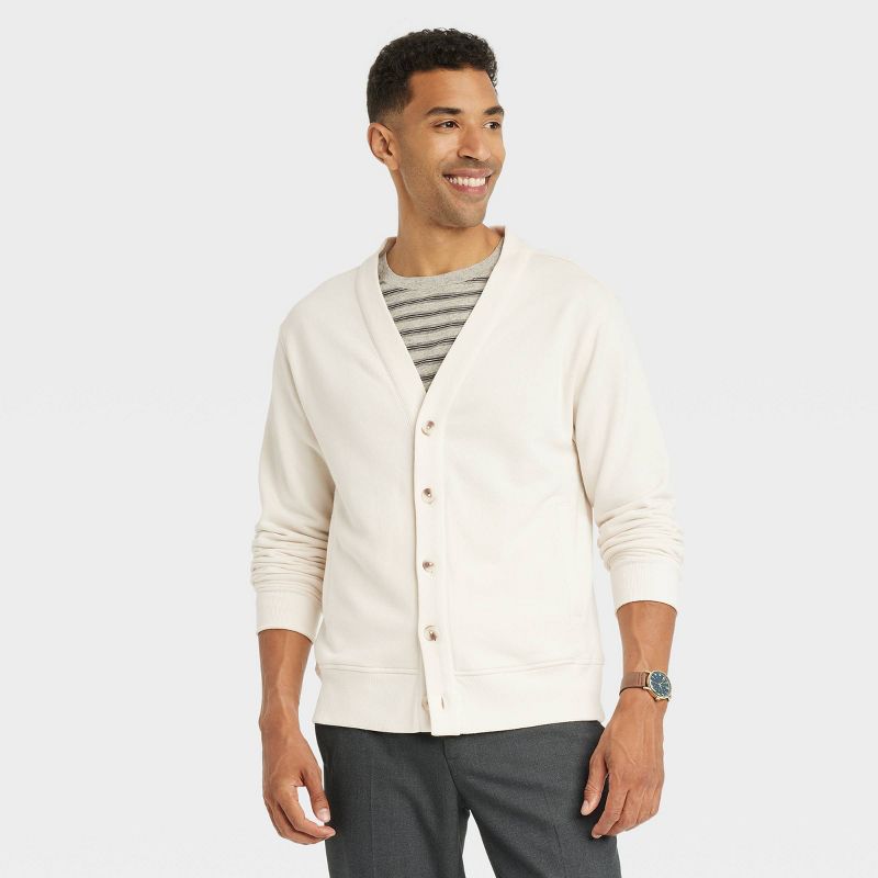Men&#39;s V-Neck French Terry Cardigan - Goodfellow &#38; Co&#8482; Ivory, 1 of 5