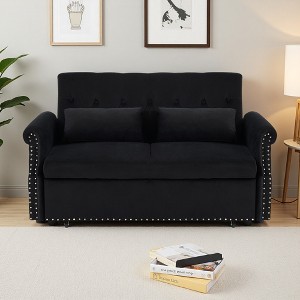 55" Shiny Velvet Convertible Loveseat Sofa with Pull-Out Bed & Lumbar Pillows - 1 of 4