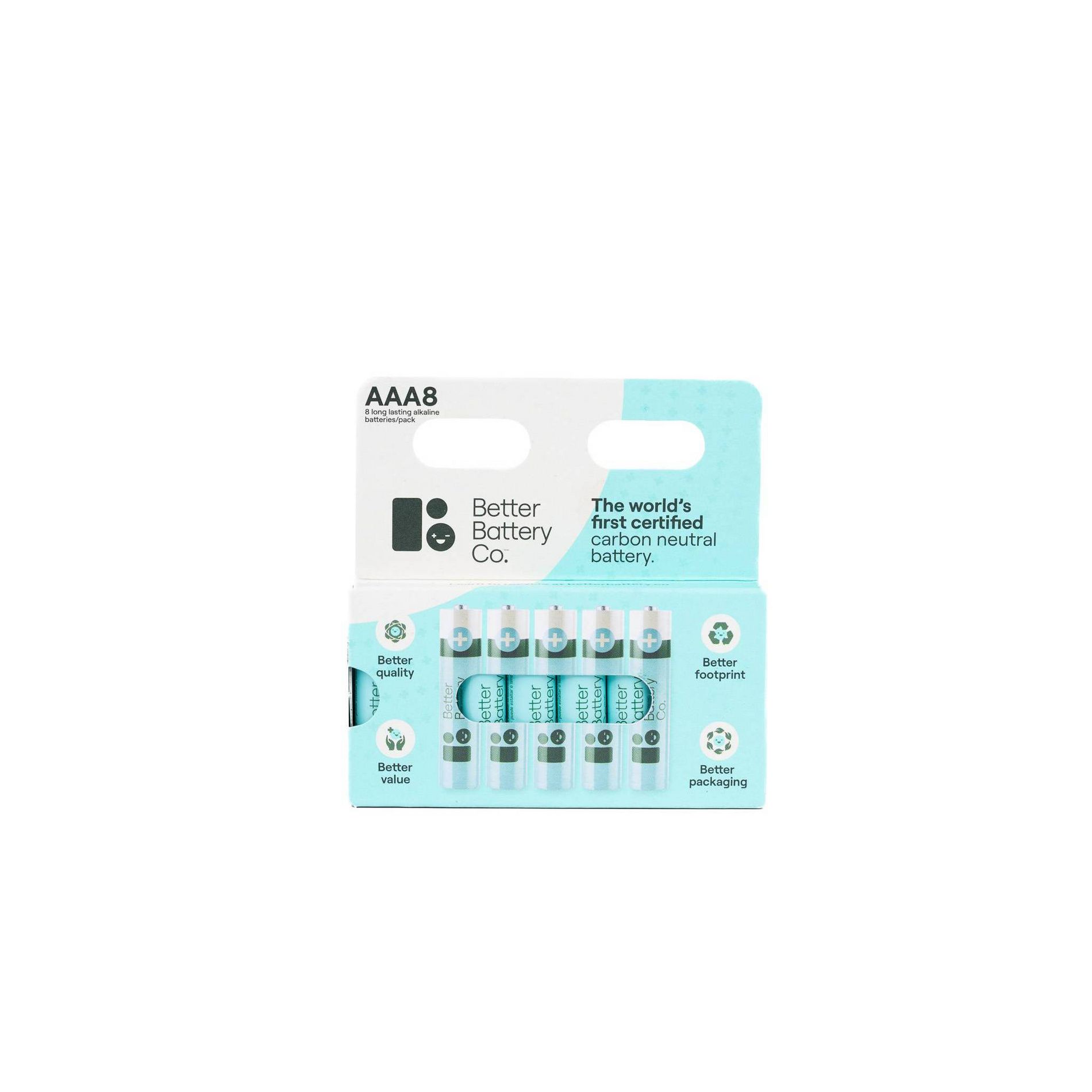 Better Battery Co. AAA8 Pack High Performance Certified Carbon Neutral Alkaline Batteries: Household, Single-Use, 1.5V, 8 Count.