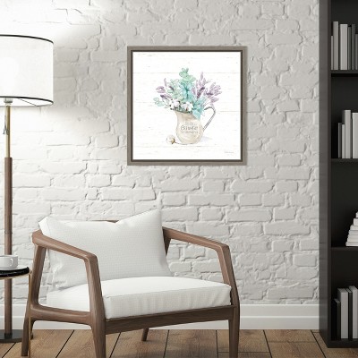 Farmhouse Lavender and Cotton Bouquet Canvas Print in Gray Frame