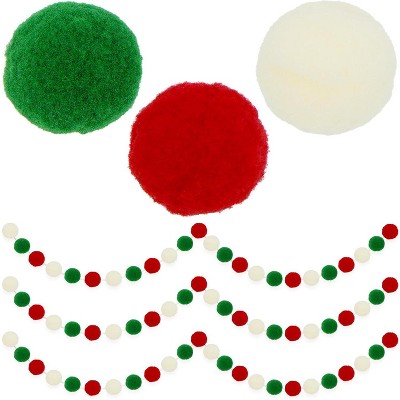 4E's Novelty 3 Pack Christmas Pom Poms Garland, 7ft Each, Felt Ball Garland with string in Red, White, Green, Colorful Pom Pom Ball for Christmas Tree